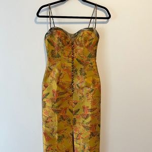 Royal Gold Humming Bird Embroidered Mermaid Midi Dress